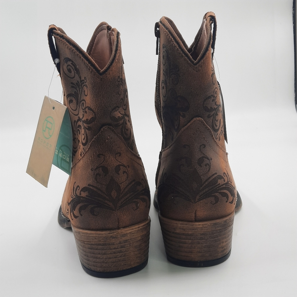 ROPER Vegan Leather Western Boots NWT New Cowgirl Western Cowboy Cognac 6 Design - Picture 9 of 11